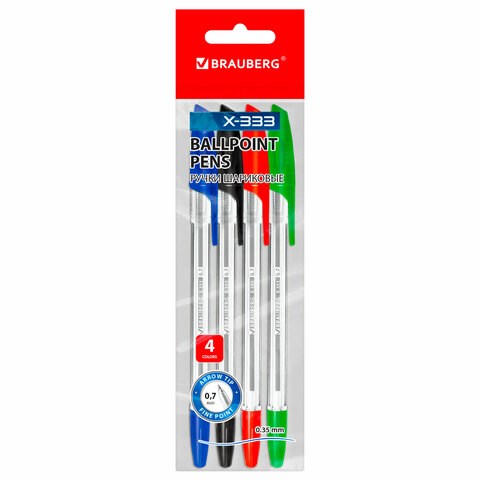 Ручки шариковые BRAUBERG "X-333", НАБОР 4 цвета, узел 0,7 мм, линия 0,35 мм, 144252 144252