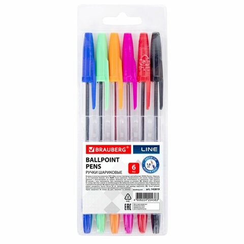 Ручки шариковые BRAUBERG, НАБОР 6 шт., АССОРТИ, "Line", корпус прозрачный, узел 1 мм, линия письма 0,5 мм, 142819 142819