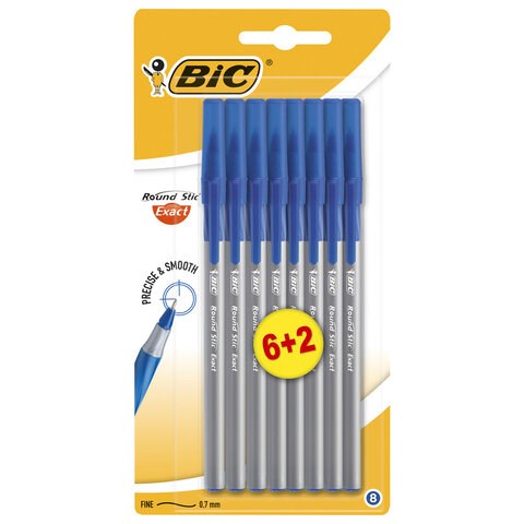 Ручки шариковые с грипом BIC "Round Stic Exact", НАБОР 6+2 шт., СИНИЕ, линия письма 0,28 мм, блистер, 932862 143980