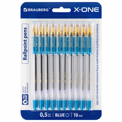 Ручки шариковые с грипом BRAUBERG "X-ONE", НАБОР 10 ШТУК, СИНИЕ, корпус прозрачный, узел 0,5 мм, линия письма 0,35 мм, 143990 143990