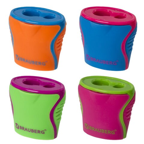 Точилка BRAUBERG "Mix Dual", 2 отверстия для чернографитных карандашей (в том числе утолщенных), с контейнером, корпус ассорти, 228449 228449