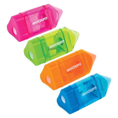 Точилка ЮНЛАНДИЯ "Карандашик", со стирательной резинкой, с контейнером, пластиковая, ассорти, 228440 228440