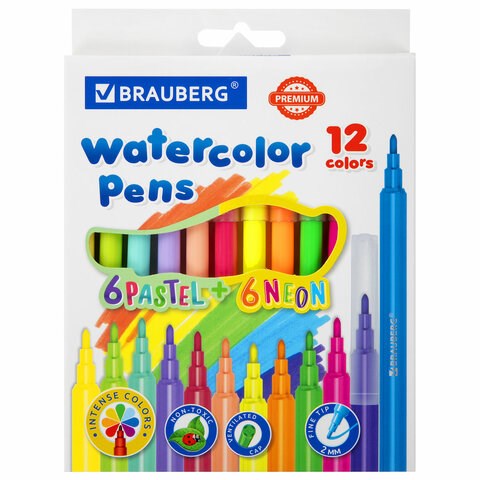 Фломастеры 6 неоновых + 6 пастельных, вентилируемый колпачок BRAUBERG "PREMIUM", картонная коробка, 152198 152198