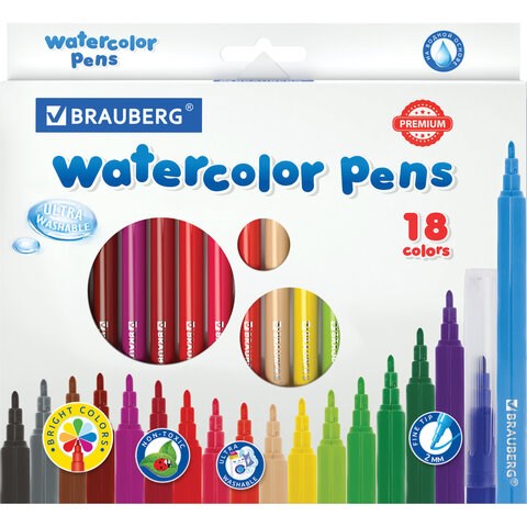 Фломастеры BRAUBERG "PREMIUM", 18 цветов, УЛЬТРАСМЫВАЕМЫЕ, классические, вентилируемый колпачок, картонная коробка с европодвесом, 151939 151939