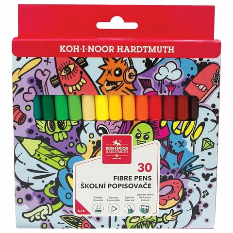 Фломастеры KOH-I-NOOR "TEENAGE" 1002, 30 цветов, смываемые, картонная упаковка, европодвес, 771002CJ23KS 152615