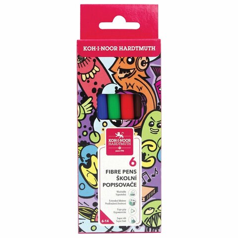 Фломастеры KOH-I-NOOR "TEENAGE" 1002, 6 цветов, смываемые, картонная упаковка, европодвес, 771002JF23KS 152611