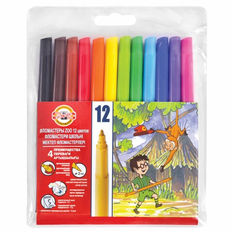 Фломастеры KOH-I-NOOR, 12 цветов, смываемые, трехгранные, пластиковая упаковка, европодвес, 771002AB04TERU 150654