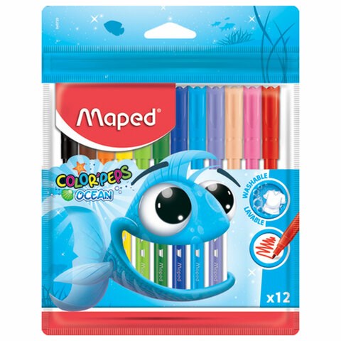 Фломастеры MAPED (Франция) "Color'Peps Ocean", 12 цветов, смываемые, вентилируемый колпачок, упаковка, европодвес, 845720 150764