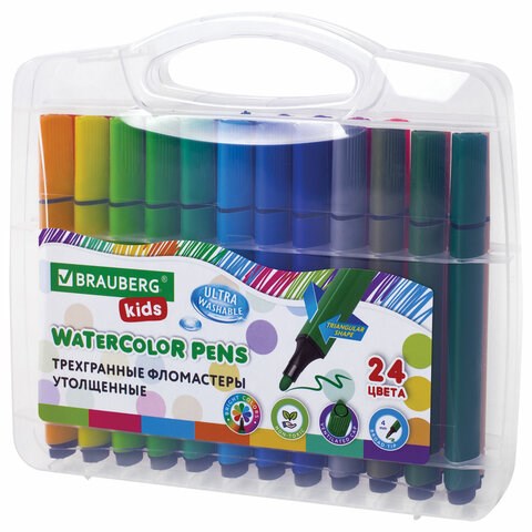 Фломастеры в пластиковом кейсе трехгранные утолщенные УЛЬТРАСМЫВАЕМЫЕ, BRAUBERG KIDS, 24 цвета, 152192 152192