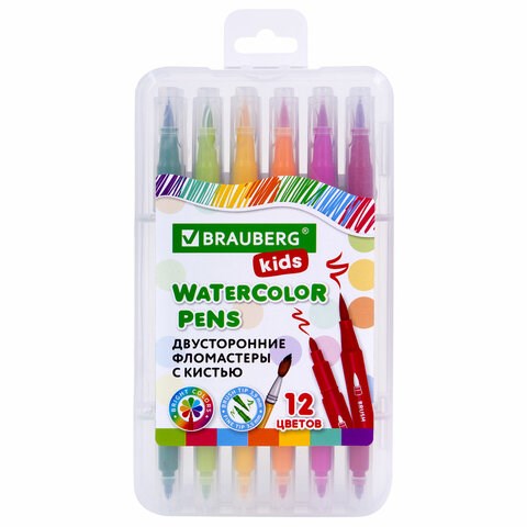 Фломастеры двусторонние с кистью 12 цветов (кисть/классический), СУПЕРКЕЙС, BRAUBERG KIDS, 152188 152188