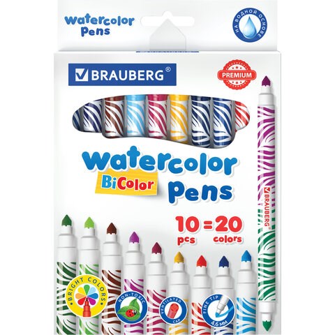 Фломастеры двусторонние утолщенные BRAUBERG "PREMIUM" "BI-COLOR", 10 шт., 20 цветов, двухцветные, вентилируемый колпачок, 151945 151945