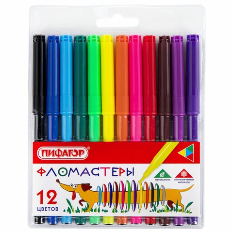 Фломастеры ПИФАГОР "Веселая такса", 12 цветов, вентилируемый колпачок, 151397 151397