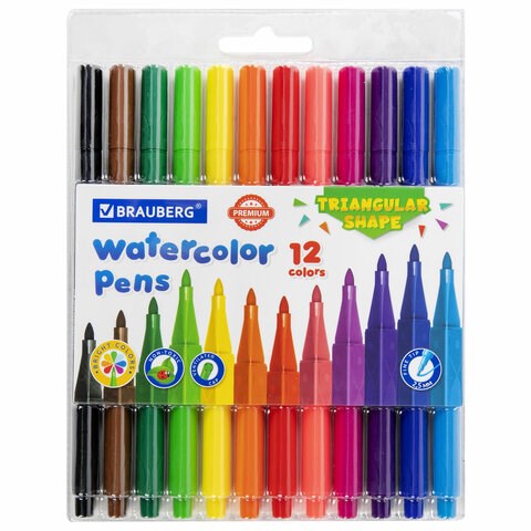 Фломастеры трехгранные 12 цветов, вентилируемый колпачок, BRAUBERG "PREMIUM", ПВХ-упаковка, 152193 152193