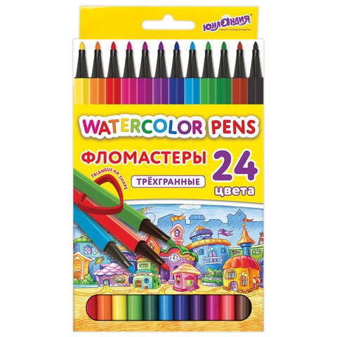 Фломастеры ЮНЛАНДИЯ "ДОМИКИ", 24 цвета, трехгранные, вентилируемый колпачок, картон, 152183 152183