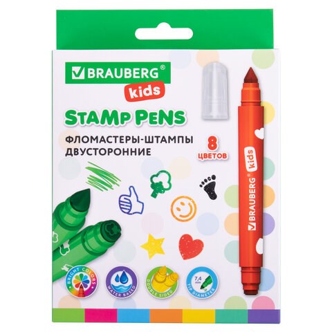 Фломастеры-штампы двусторонние "FUNNY STAMPS", 8 цветов, BRAUBERG KIDS, картонная коробка с европодвесом, 152179 152179