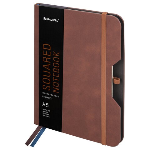 Блокнот А5 (162х218 мм), BRAUBERG "NOTE", под кожу софт-тач, с резинкой, 80 л., клетка, коричневый, 113436 113436
