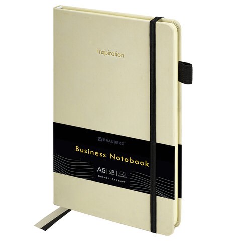 Блокнот А5 138x213 мм BRAUBERG Velvet, резинка, держатель, 80 л., клетка, бежевый, 116240 116240