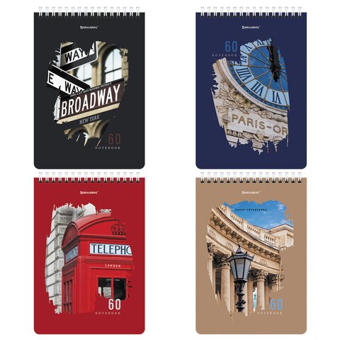 Блокнот А5 (146х206 мм), 60 л., гребень, картон, жесткая подложка, клетка, BRAUBERG, "Города", 114369 114369