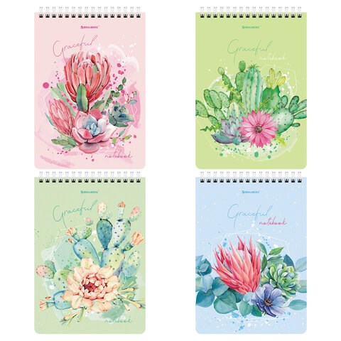 Блокнот А5 (146х206 мм), 60 л., гребень, картон, жесткая подложка, клетка, BRAUBERG, "Суккуленты", 114368 114368