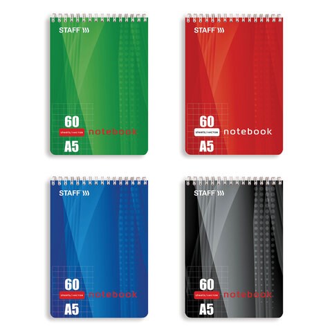 Блокнот А5 146х205 мм, 60 л., гребень, жесткая подложка, клетка, STAFF, 4 вида, 126539 126539