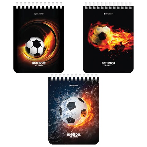 Блокнот МАЛЫЙ ФОРМАТ А6 108х145 мм, 40 л., гребень, картон, клетка, BRAUBERG, "Футбол", 114390 114390