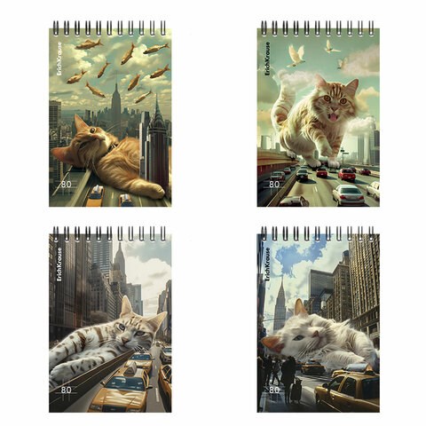 Блокнот МАЛЫЙ ФОРМАТ А6, 100х146 мм, 80 л., спираль, картон, клетка, ERICH KRAUSE, "Вig City Cats", 63385 117569