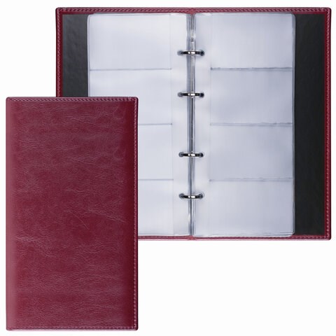 Визитница на кольцах BRAUBERG "Imperial", на 240 визиток, под гладкую кожу, бордовая, 231665 231665