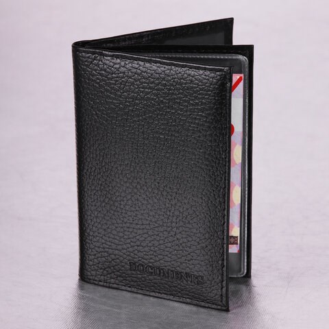 Обложка для автодокументов и паспорта натуральная кожа флоттер, "DOCUMENTS", черная, BRAUBERG 238193 238193