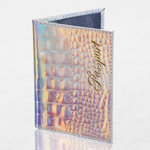 Обложка для паспорта натуральная кожа кайман, "PASSPORT", серебристая, STAFF "Profit", 237206 237206