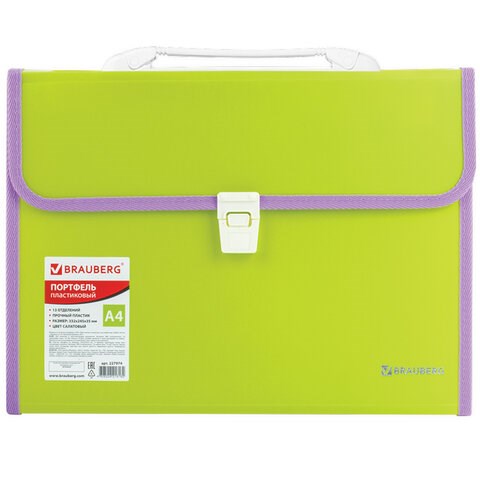 Папка-портфель пластиковая BRAUBERG "JOY", А4 (330х245х35 мм), 13 отделений, с окантовкой, салатовая, 227974 227974