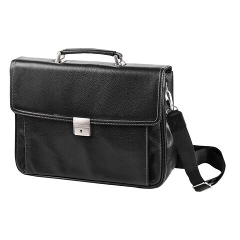 Портфель из натуральной кожи, 38х27х12 см, 2 отделения, замок с ключом, черный, 2-237 240365