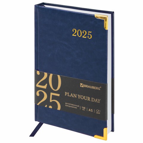 Ежедневник датированный 2025 А5 138x213 мм BRAUBERG "Senator", под кожу, синий, 115815 115815