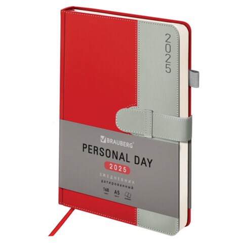 Ежедневник датированный 2025, А5, 138х213 мм, BRAUBERG "Esthetic", под кожу, держатель для ручки, застежка, красный/серый, 115925 115925