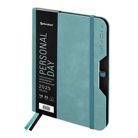 Ежедневник датированный 2025, А5, 151х213 мм, BRAUBERG "Note", под кожу, держатель для ручки, резинка-фиксатор, серо-голубой,115934 115934