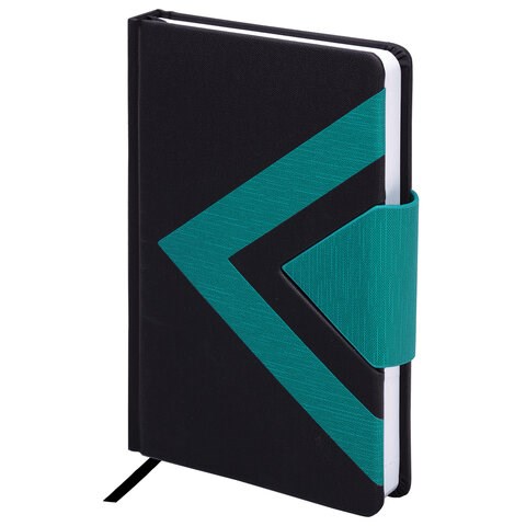 Ежедневник недатированный А5 138x213 мм BRAUBERG "Waves", под кожу, застежка, 160 л., черный/бирюзовый, 114454 114454