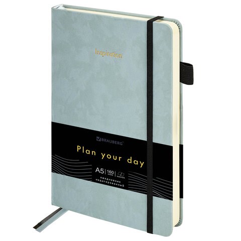 Ежедневник недатированный А5 138x213мм BRAUBERG Velvet, резинка, держатель, 160л, серо-голубой, 116245 116245