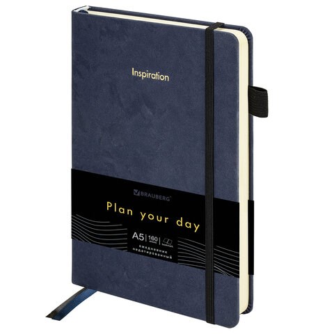 Ежедневник недатированный А5 138x213мм BRAUBERG Velvet, резинка, держатель, 160л, синий, 116243 116243