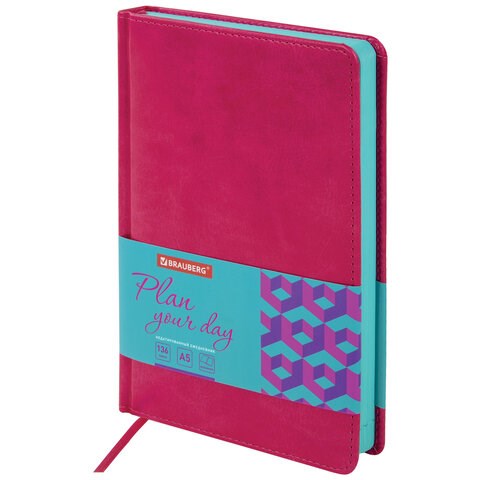 Ежедневник недатированный А5 138х213 мм BRAUBERG "Rainbow" под кожу, 136 л., розовый, 111665 111665