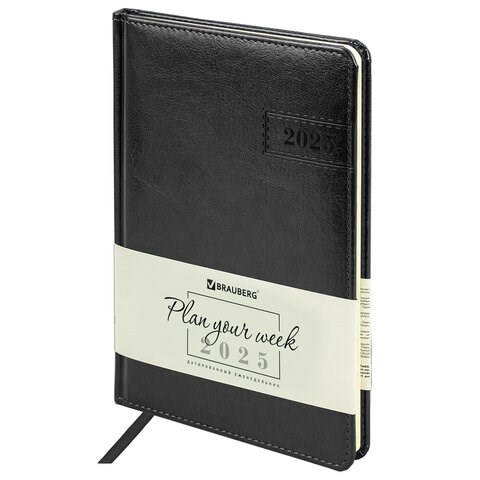 Еженедельник датированный 2025, А5, 145х215 мм, BRAUBERG "Imperial", под кожу, черный, 115965 115965