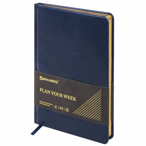 Еженедельник недатированный А5, 145х215 мм, BRAUBERG "Iguana", под кожу, 64 л., синий, 114476 114476