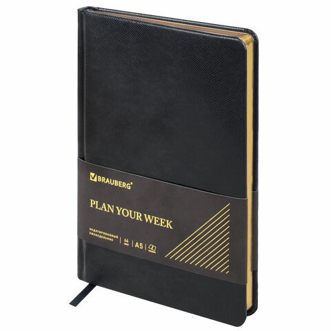 Еженедельник недатированный А5, 145х215 мм, BRAUBERG "Iguana", под кожу, 64 л., черный, 114478 114478