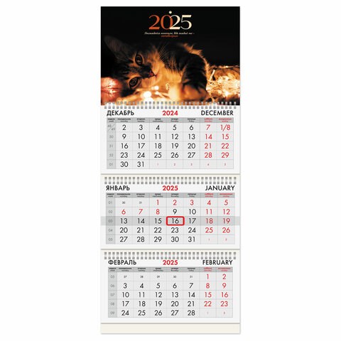 Календарь квартальный на 2025 г., 3 блока, 3 гребня, с бегунком, офсет, BRAUBERG, "Милый котик", 116099 116099