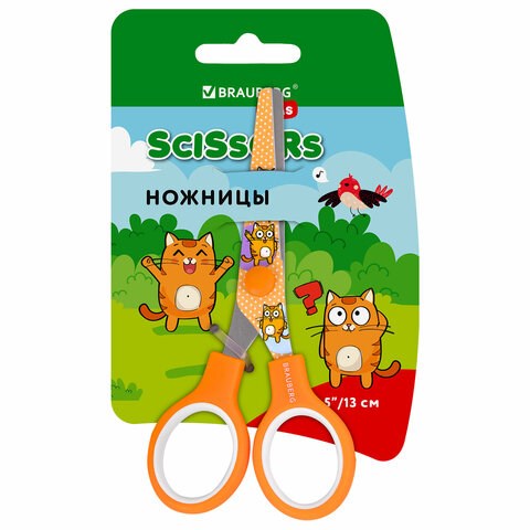 Ножницы 130 мм оранжевые, с цветной печатью "Котики", закругленные, BRAUBERG KIDS, 238351 238351