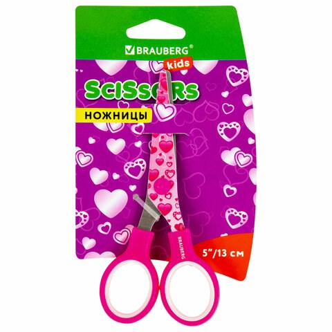 Ножницы 130 мм с цветной печатью "Сердечки", малиновые, закругленные, BRAUBERG KIDS, 232275 232275