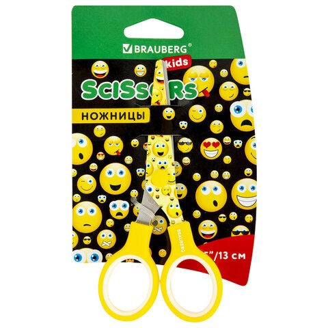 Ножницы 130 мм с цветной печатью "Смайлики", жёлто-белые, закругленные, BRAUBERG KIDS, 232274 232274