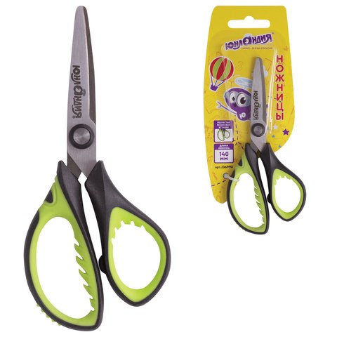 Ножницы ЮНЛАНДИЯ "BASIC", 140 мм, ребристые резиновые вставки, черно-салатовые, европодвес, 236990 236990