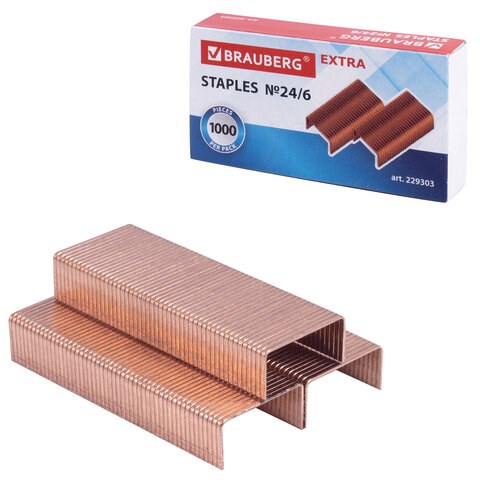 Скобы для степлера медное покрытие №24/6, 1000 штук, BRAUBERG "EXTRA", до 30 листов, 229303 229303