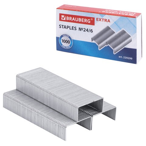 Скобы для степлера цинковое покрытие №24/6, 1000 штук, BRAUBERG "EXTRA", до 30 листов, 229299 229299