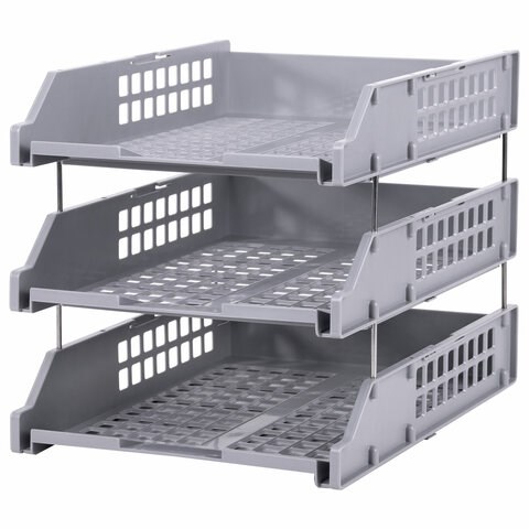 Лотки горизонтальные для бумаг, КОМПЛЕКТ 3 шт., 334х255х271 мм, серый, BRAUBERG GRAND OFFICE, 238110 238110