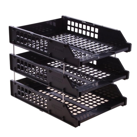 Лотки горизонтальные для бумаг, НАБОР 3 шт. (340х260х240 мм), на металлических стержнях, черные, "Strong", ЛТГ-63795 235922